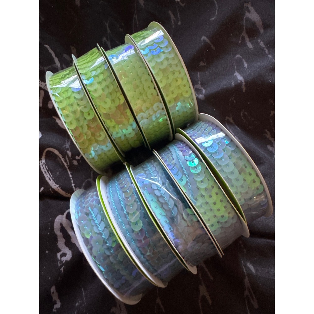 Floral Garden Sequin Ribbon Iridescent Blue Green Craft Trim 9 Spools 81' Total